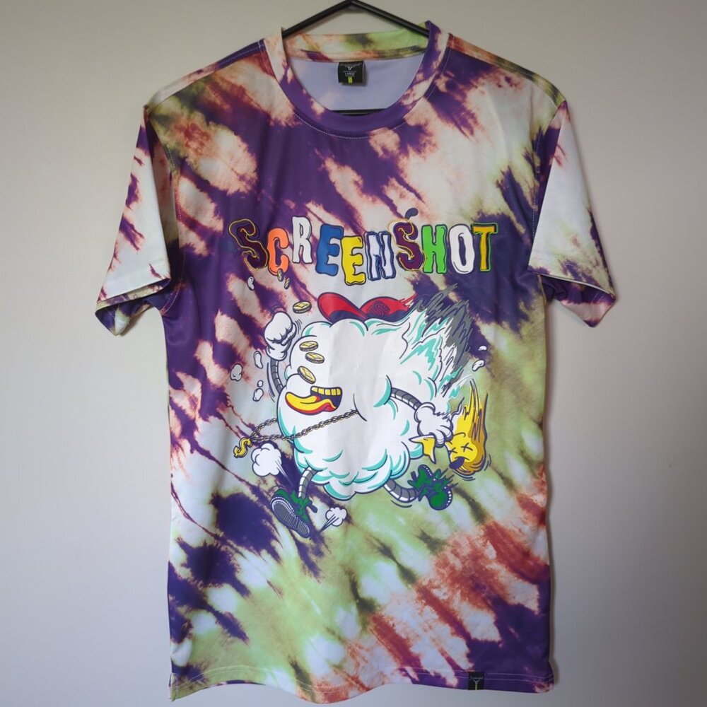 Screenshot Men's Size Large T-shirt Vibrant Tie-dye Throwing Coins